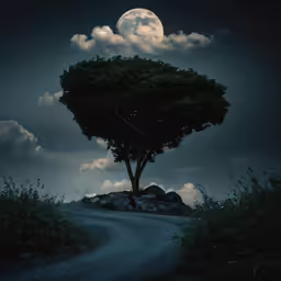 the full moon is visible above a lonely tree