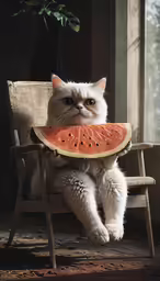 a cat sitting in a chair next to a piece of watermelon