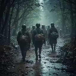 a group of people in helmets walk down the path