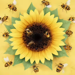 many bees are sitting around a large yellow sunflower