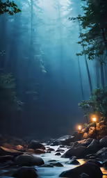 a creek surrounded by rocks is lit by lanterns