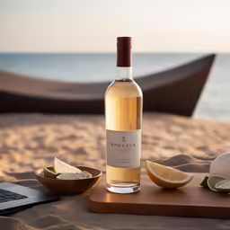 a bottle of wine sitting on top of a wooden table