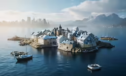 an island with boats in the water surrounded by buildings and a city