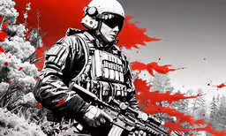 a man is holding a rifle next to a painting of a red sky,a soldier with a rifle and mask on