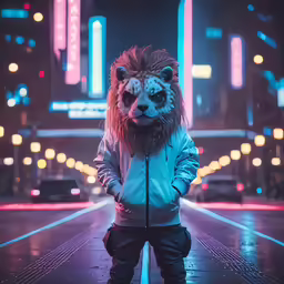 the lion is wearing a jacket while standing on a street