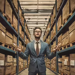 a man in a business suit is in a warehouse