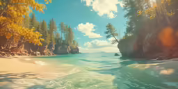 a sandy beach next to the ocean with some trees
