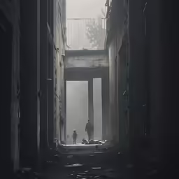 the people walk through the large hallway between two pillars