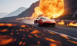 an automobile drives past a huge fire in the background