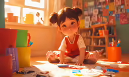a little girl sitting on the floor of a play room
