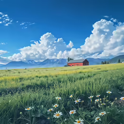 an old farm house in the distance with daisies in front