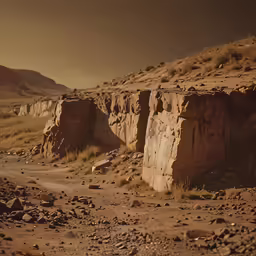 a rocky desert area with a lone sheep standing in the distance