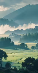 a misty landscape with trees and hills in the background