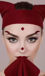 a woman with horns, eyes and red lipstick