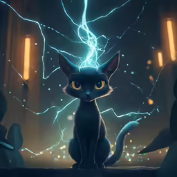 a small black cat sitting on a table with lightning in the background