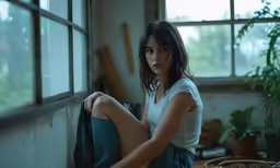 woman looking off camera sitting in front of window