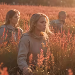 two people in front of some tall red flowers