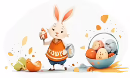 a picture of a bunny holding a mug and some eggs