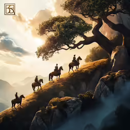 a group of people riding horses on the side of a cliff