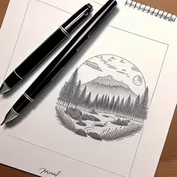 pen and paper sitting on top of an open notebook,there is a black pen and some water on the page,two pens and some paper on a table,there are two pens and one is drawing in pencil,pen sitting on top of a notebook next to a drawing