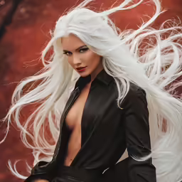 a model with white hair and a black dress is seen in this image