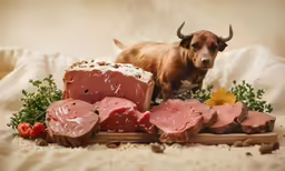 the dog is staring at the piece of meat and vegetables