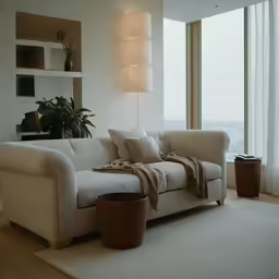 a living room with a couch and potted plant in it