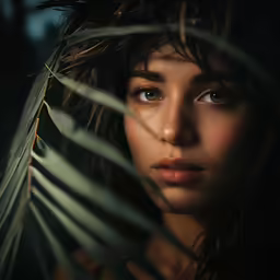 a young woman is posing behind some plants