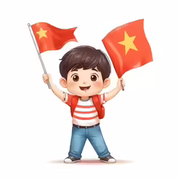a boy is holding two red flags