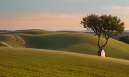 a tree on a grassy hill with a winding road