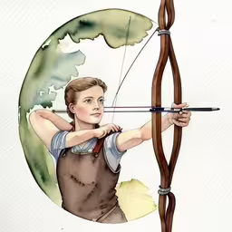 a painting of a woman holding onto a bow,an artistic picture of a woman aiming an arrow