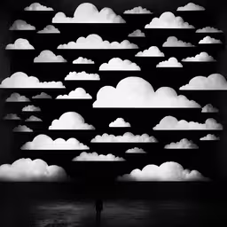 some clouds are floating in a black and white image,a person walking into the distance between two dark rooms