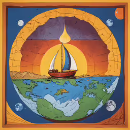 a painting with an image of a boat in the ocean,a painting with a boat on top and a planet below