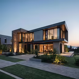 the modern home has a nice lawn area