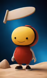 a very cute little yellow guy by some sand