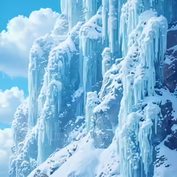 a person riding skis on a snowy slope with many icicles