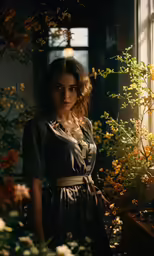 woman wearing dress standing next to flowers near windowsill