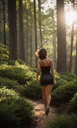 woman in dress walking along a path through green grass