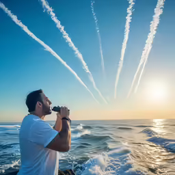 the man is holding the camera looking at the jets above him