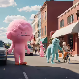 two giant pink animals are on a city street