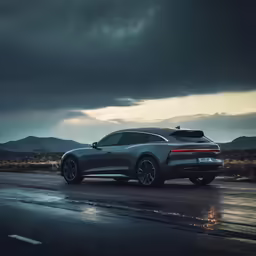 a dark silver car driving on a wet road under a dark sky