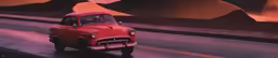 an old - fashioned red car driving down the road