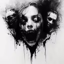 an artistic painting depicting two demonic women, one with fangs on their face