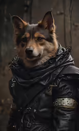a dog dressed up in leather and looking at the camera