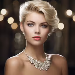 an elegant blonde with a necklace and choket,the model wears the white necklace and earrings with jewels