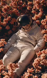 a person is lying on the ground with a helmet