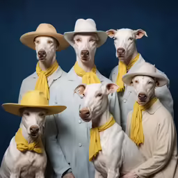 five dogs wearing yellow hats, with people in blue and beige outfits