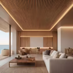 an interior shot of a living room with a large window and ocean view