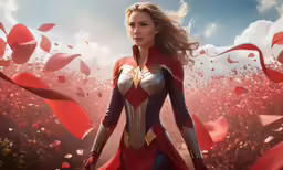 the woman in a superman suit walking through a field