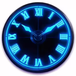 blue glow clock with roman numerals glowing brightly